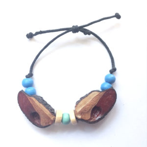 sliding bracelet, black waxed cord, blue and sky blue wood painted beads