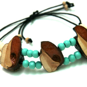 sliding bracelet with black cord and blue and white wood painted beads