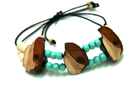 sliding bracelet with black cord and blue and white wood painted beads