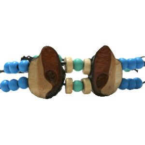 Sliding bracelet with blue and cream beads and black waxed cord