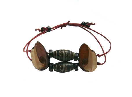 Sliding bracelet with black handmade beads, black disc beads in maroon waxed cord on a double strand