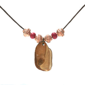 Standard necklace copper metal beads, dark pink beads on brown waxed cord