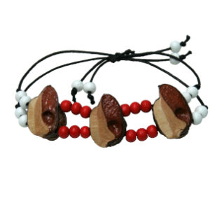 Adjustable bracelet, white and red beads with black waxed cord