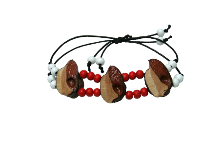 Adjustable bracelet, white and red beads with black waxed cord