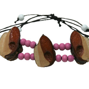 Sliding bracelet with pink and white beads on black waxed cord