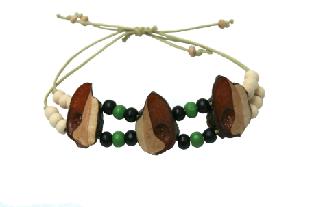 Sliding bracelet with light green cord and black, green and natural beads