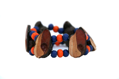 double-stranded elastic bracelet in navy blue and orange wooden beads