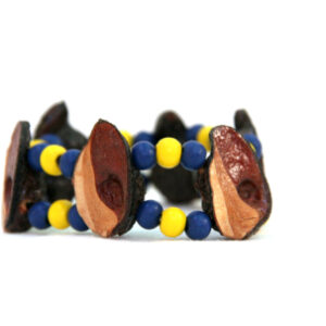 Double strand elastic bracelet in yellow and navy blue wooden beads