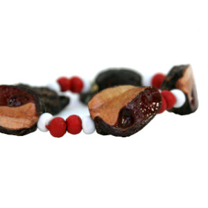 beaded bracelet in red and white wooden beads