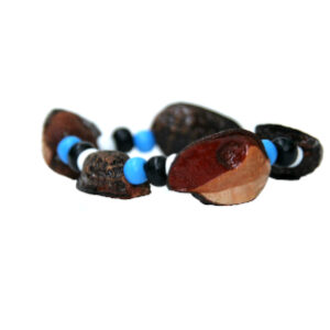 elastic bracelet. blue, white and black beads. single strand